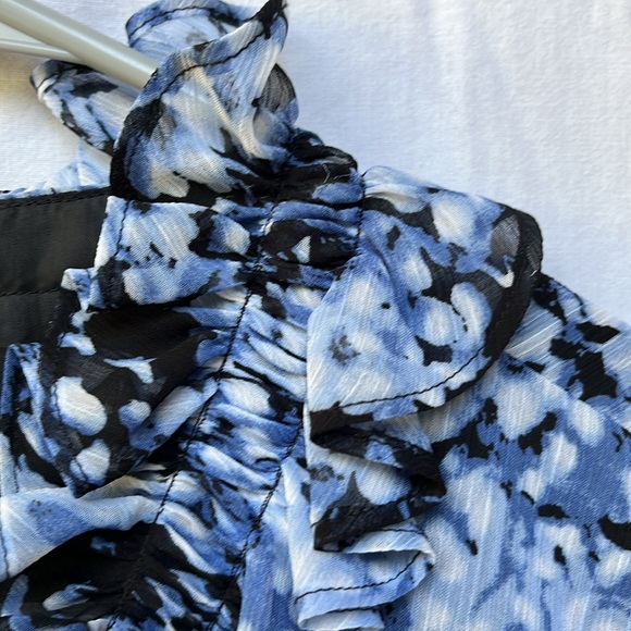 Alex Evenings •Blue/Black Floral, 3/4 Sleeve,Collared Evening Blouse SzLG - Picture 5 of 13